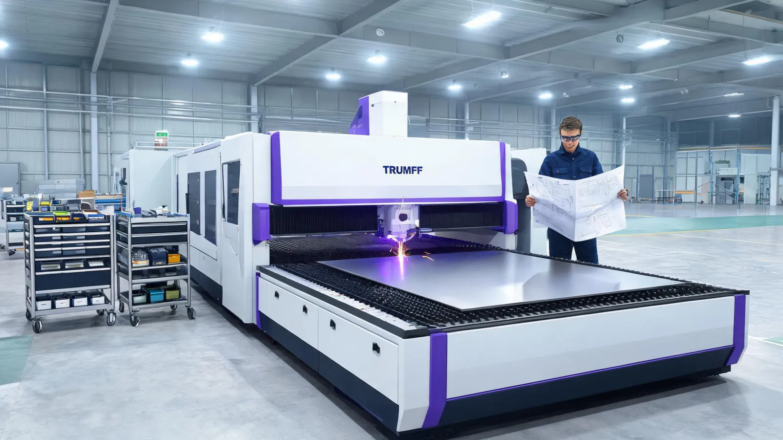 Trumpf fiber laser cutting cell in a sheet metal facility